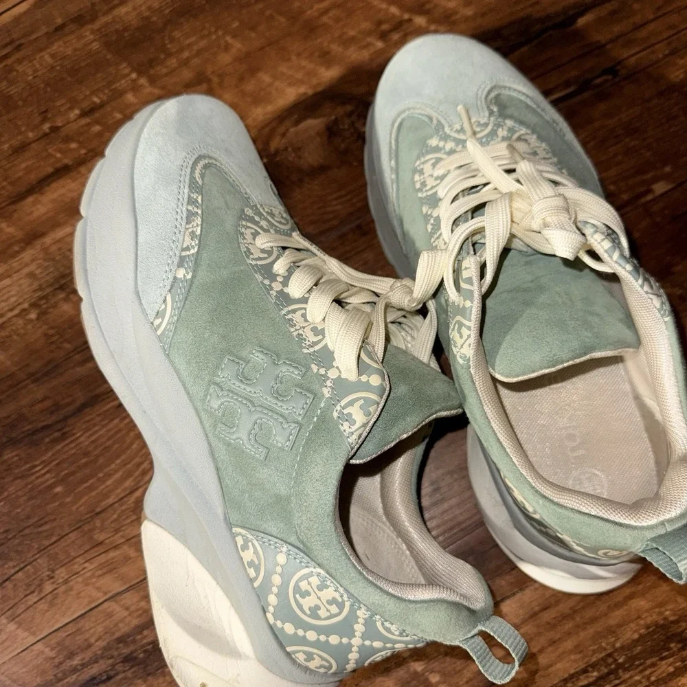 Tory Burch Green Good Luck Lace Up Trainer Sneakers Womens Size 8